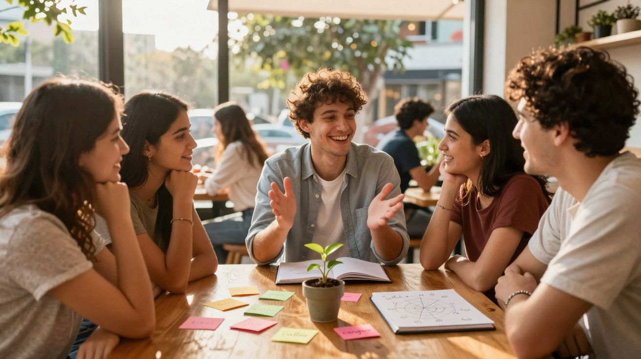 Grupo de jovens sentados em mesa, conversando e sorrindo em ambiente de café com luz natural.
