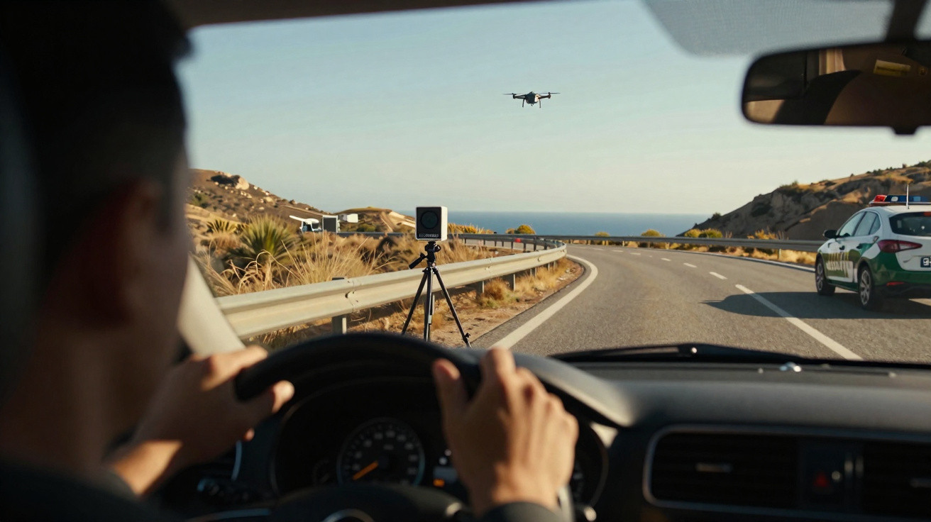 Motorista em carro observando drone e radar na estrada com viatura policial ao fundo.