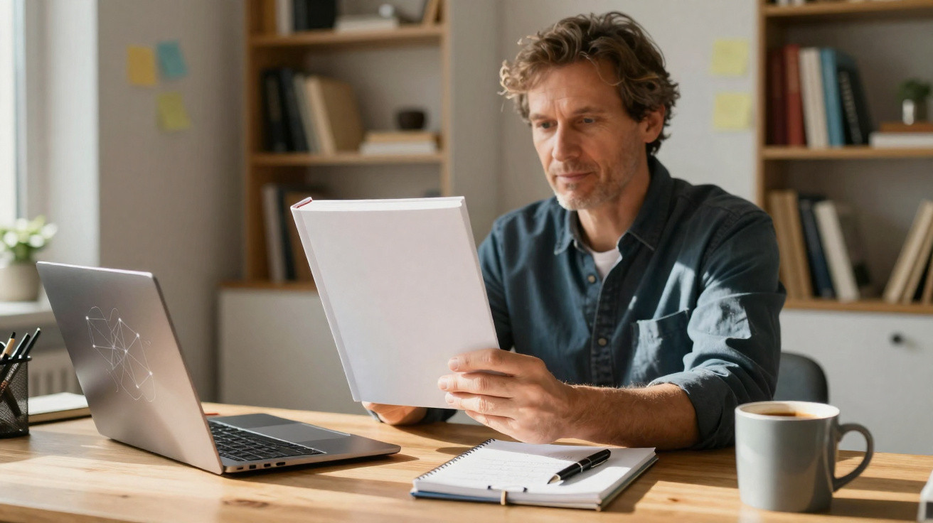 Homem lendo livro sentado à mesa com notebook, caderno e caneca em ambiente de escritório.
