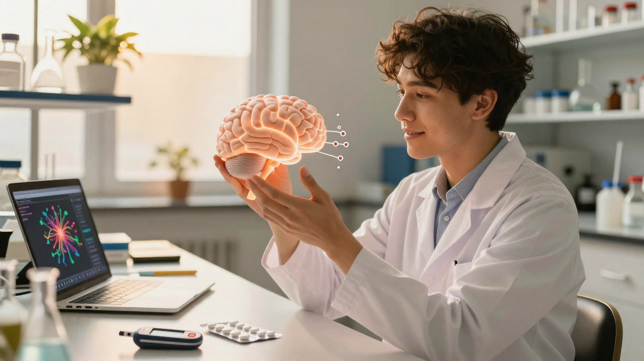 Jovem cientista em laboratório segurando modelo digital de cérebro com laptop e medicamentos à frente.