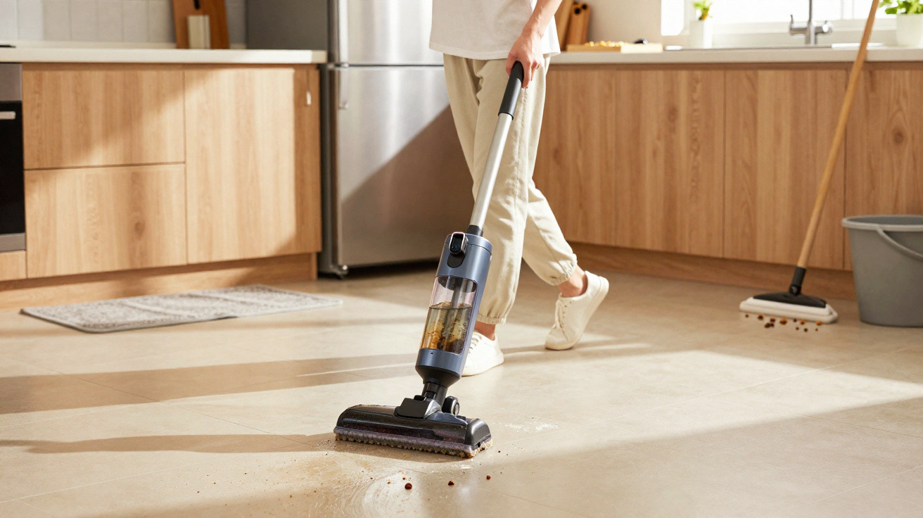 Pessoa usando aspirador de pó sem fio para limpar sujeira em piso claro de cozinha moderna.
