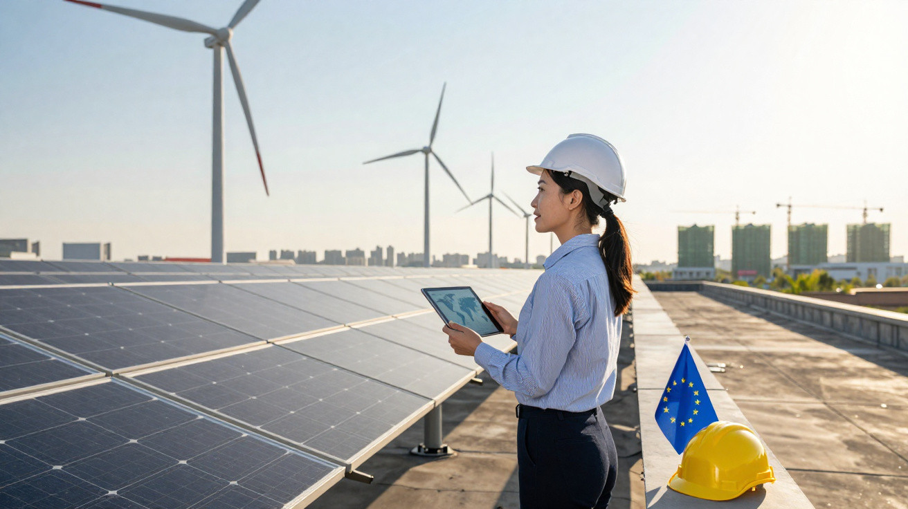 Mulher com capacete branco usando tablet perto de painéis solares e turbinas eólicas em um telhado.