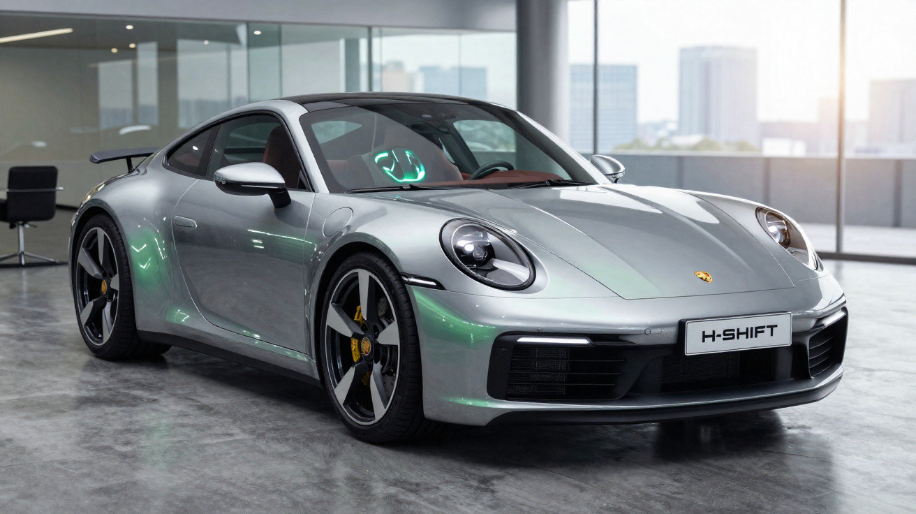 Carro esportivo prata Porsche estacionado em ambiente interno com janelas grandes e vista urbana ao fundo.