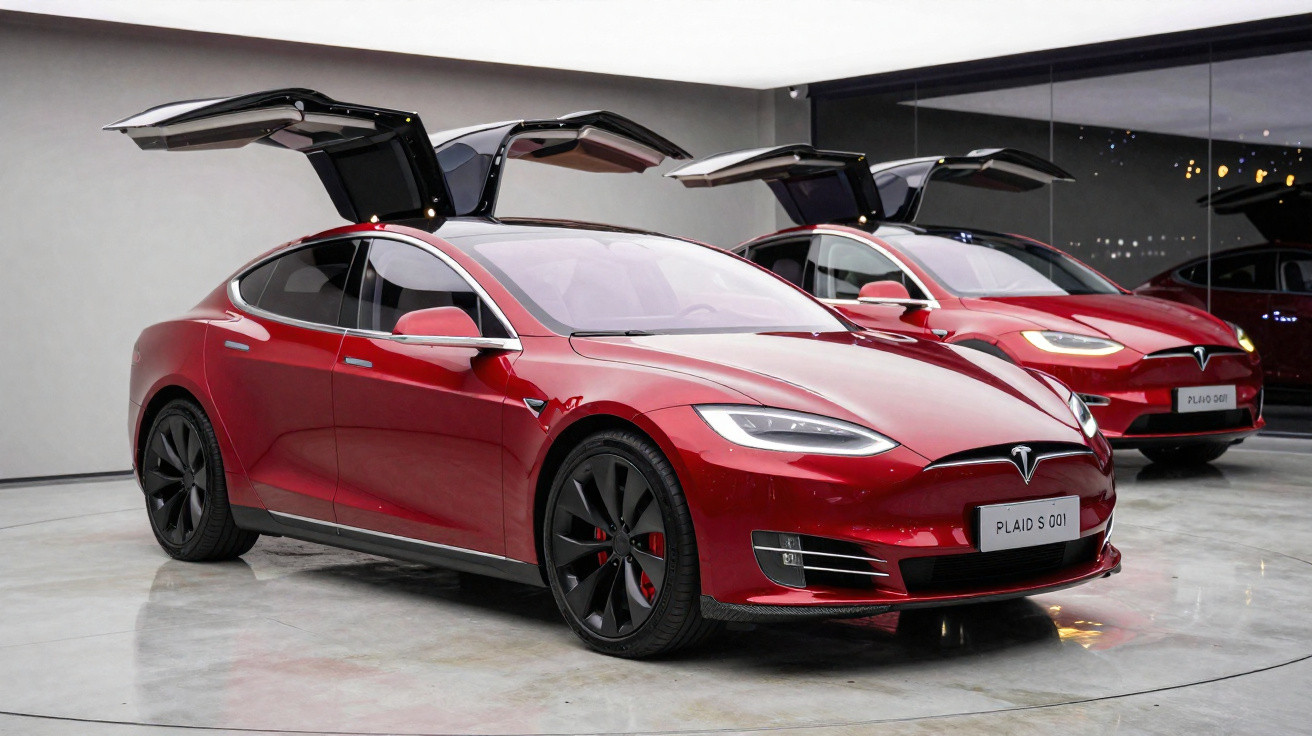 Dois carros Tesla Model S Plaid vermelhos estacionados, com portas traseiras abertas para cima.
