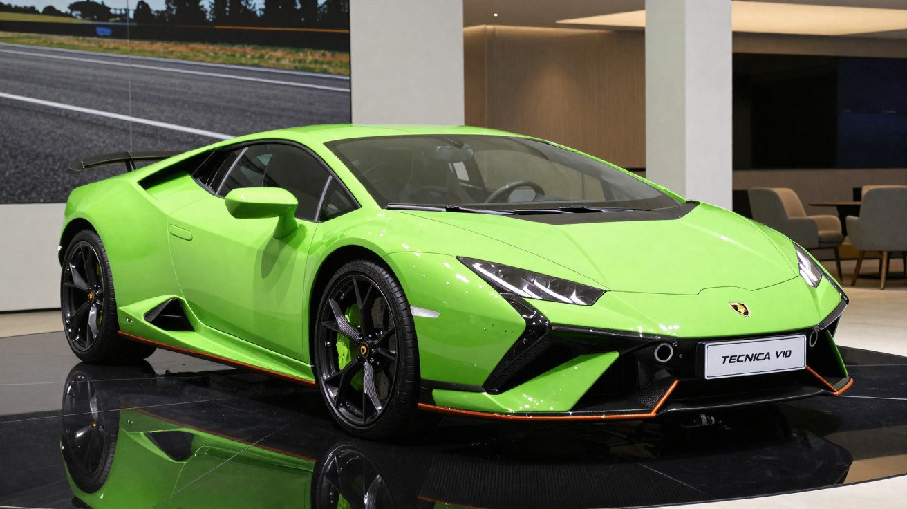 Carro esportivo Lamborghini verde limão Tecnica V10 em exposição interna com piso preto brilhante.