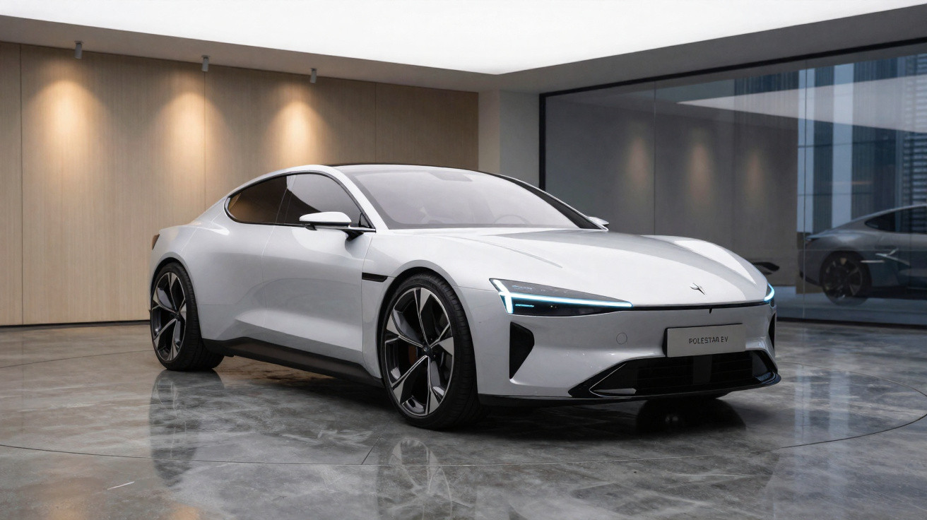Carro elétrico esportivo branco Polestar EV em showroom moderno com piso de concreto polido e parede de madeira.