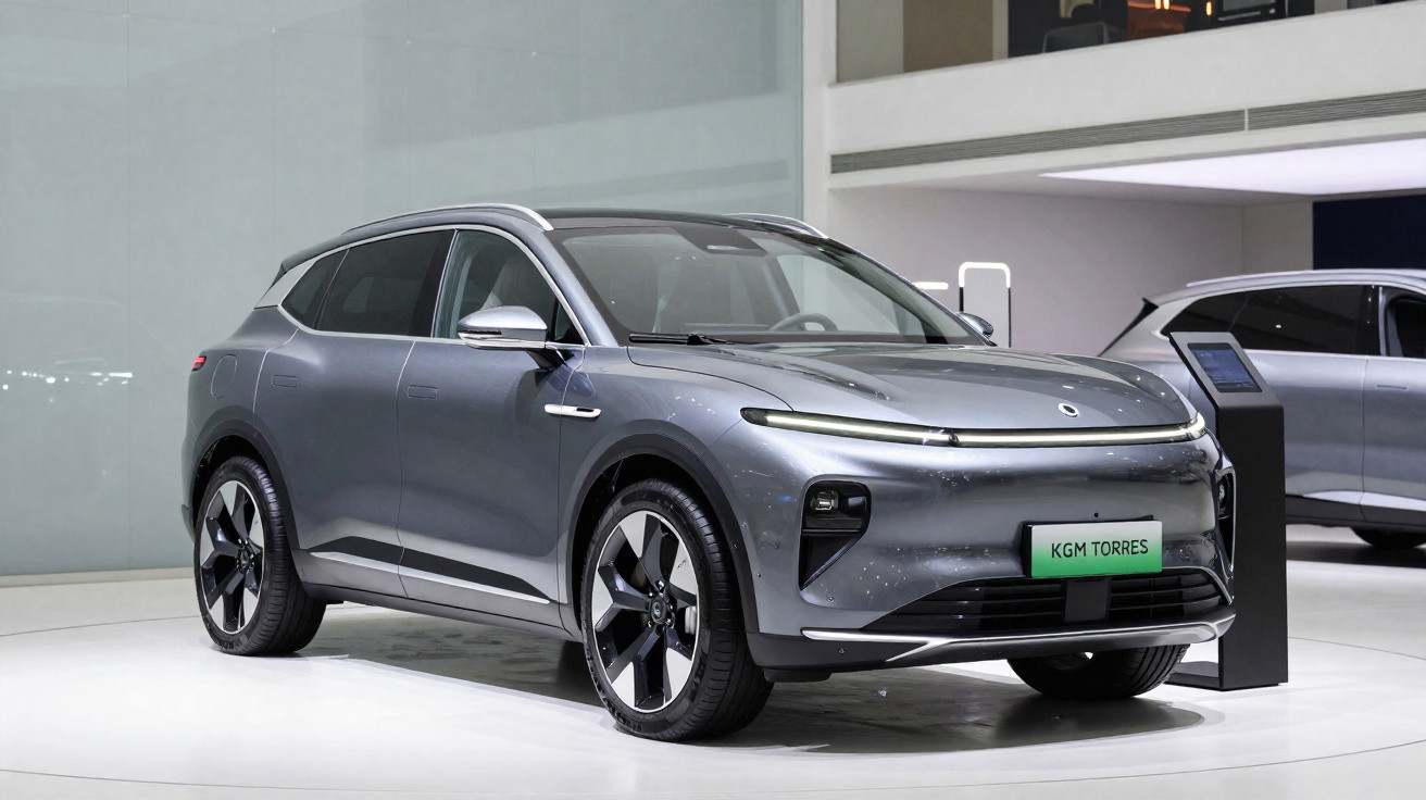 Carro elétrico cinza estacionado em salão de exposição com placa verde KGM TORRES.