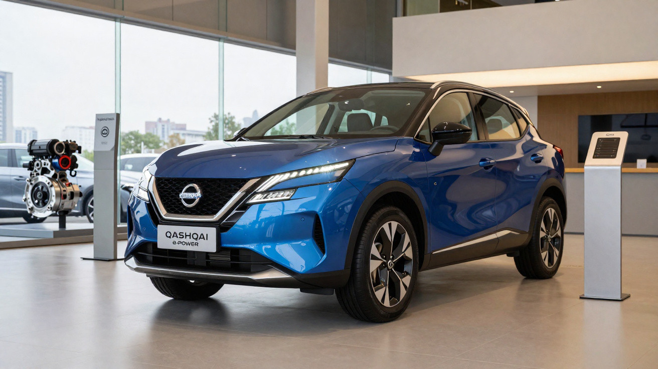 SUV Nissan Qashqai azul exposto em showroom moderno com motor exibido ao fundo.