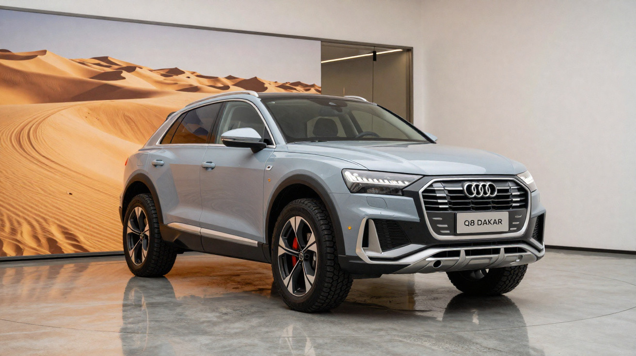Audi Q8 Dakar cinza exibido em ambiente interno com imagem de dunas ao fundo.