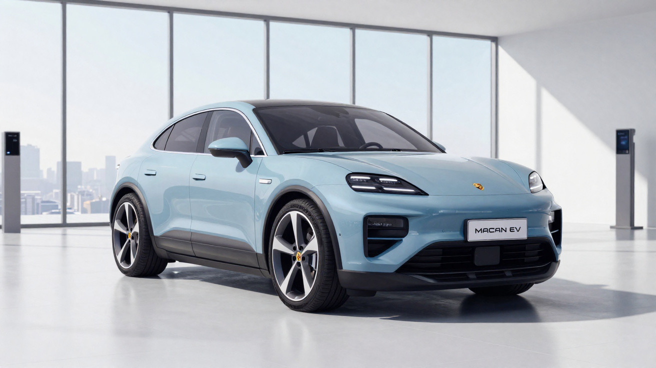 Carro elétrico Porsche Macan EV cinza em ambiente interno moderno com janelas amplas.
