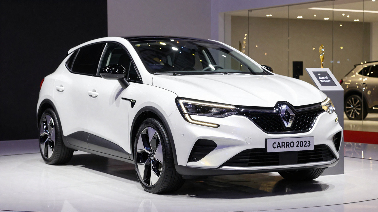Carro branco Renault modelo 2023 exposto em salão com iluminação branca e detalhes pretos.