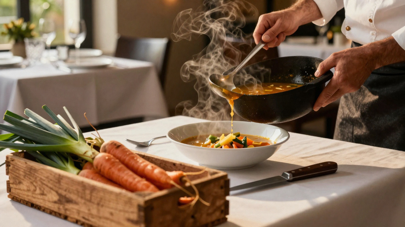 Chef servindo sopa quente em prato branco, com cenouras e legumes frescos em caixa de madeira.