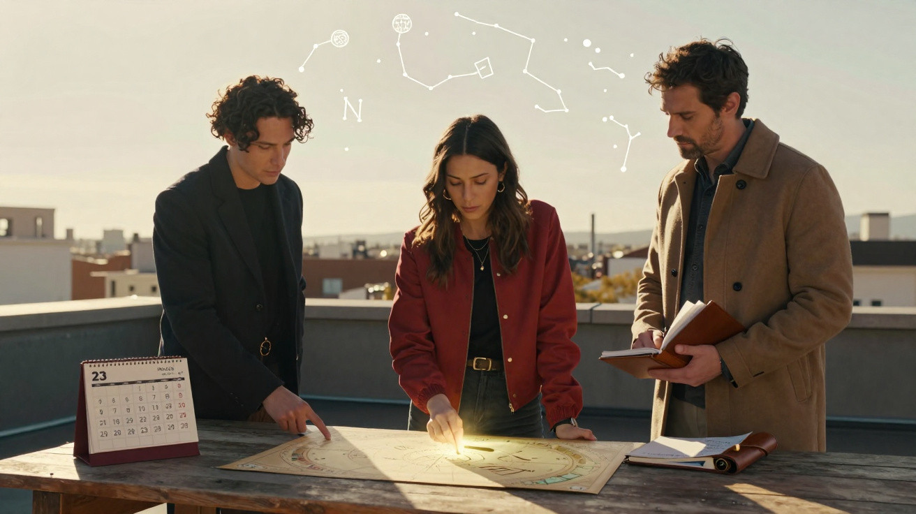 Três pessoas olhando mapas e anotações sobre uma mesa em terraço ao entardecer.
