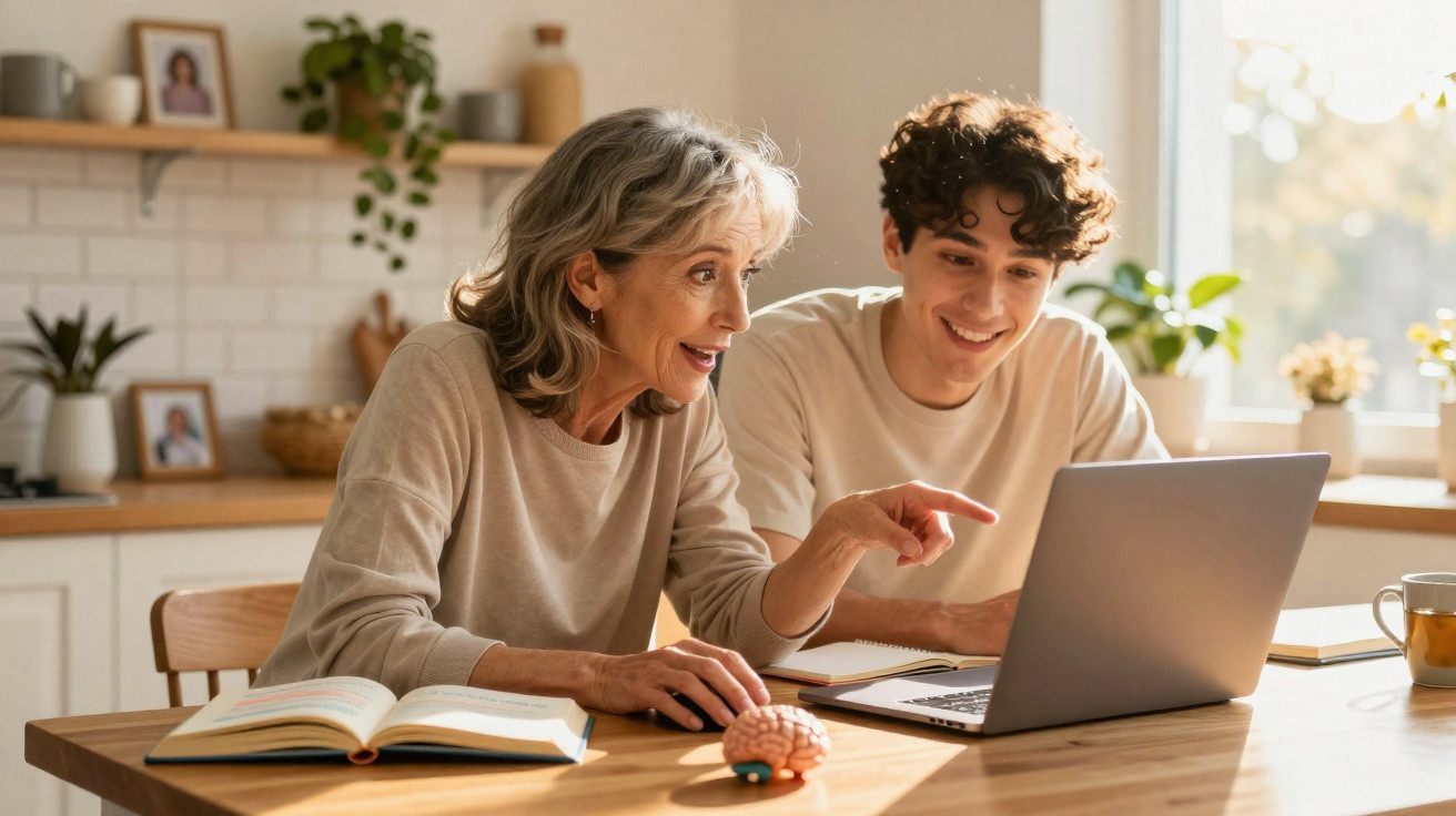 Mulher e jovem sorrindo e usando notebook juntos em ambiente doméstico iluminado e aconchegante.