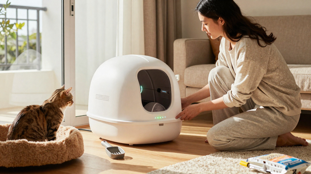 Mulher ajusta caixa de areia automática para gato enquanto animal observa em sala iluminada.