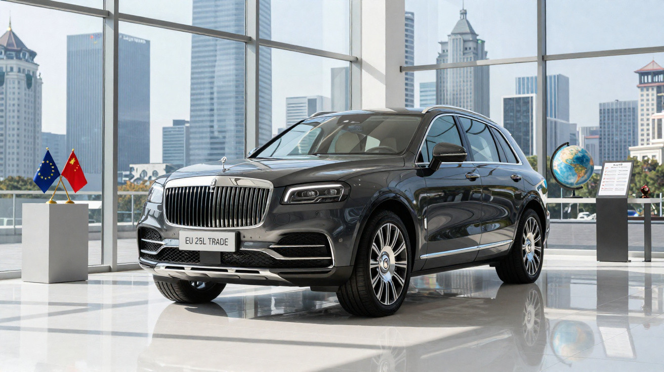 Carro SUV preto de luxo exibido em showroom com grandes janelas e vista para cidade moderna.