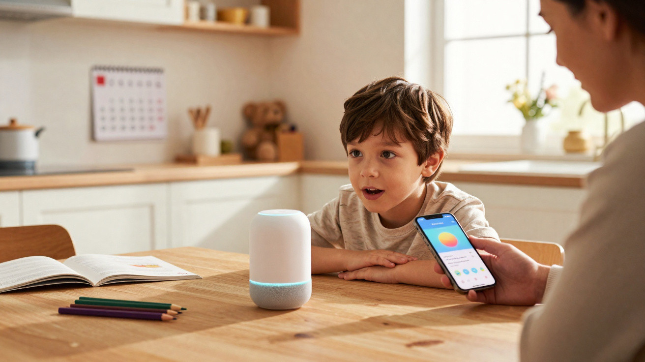 Menino interagindo com assistente virtual enquanto adulto segura celular em cozinha iluminada.