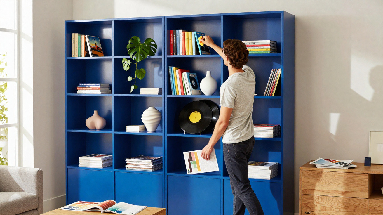 Homem pegando livro em estante azul com livros, discos e vasos em sala iluminada.