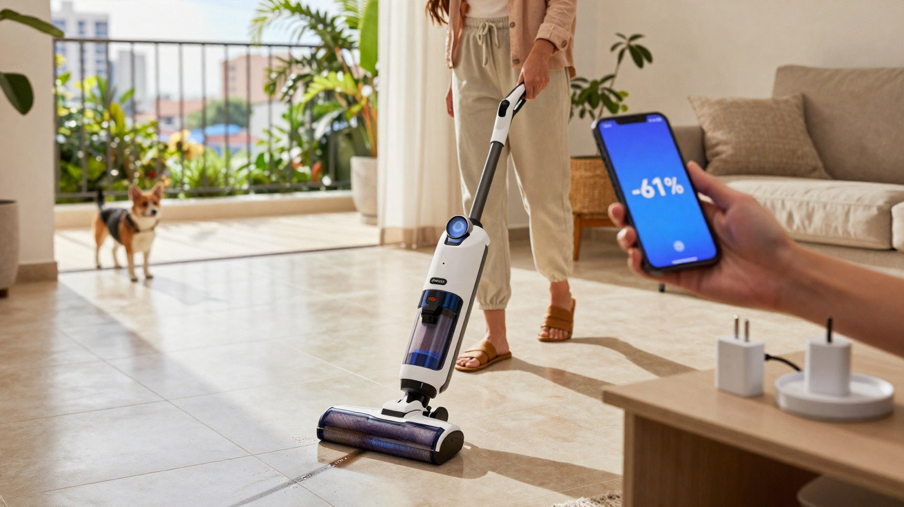 Pessoa usando aspirador de pó sem fio em sala clara com cachorro ao fundo e smartphone na mão.