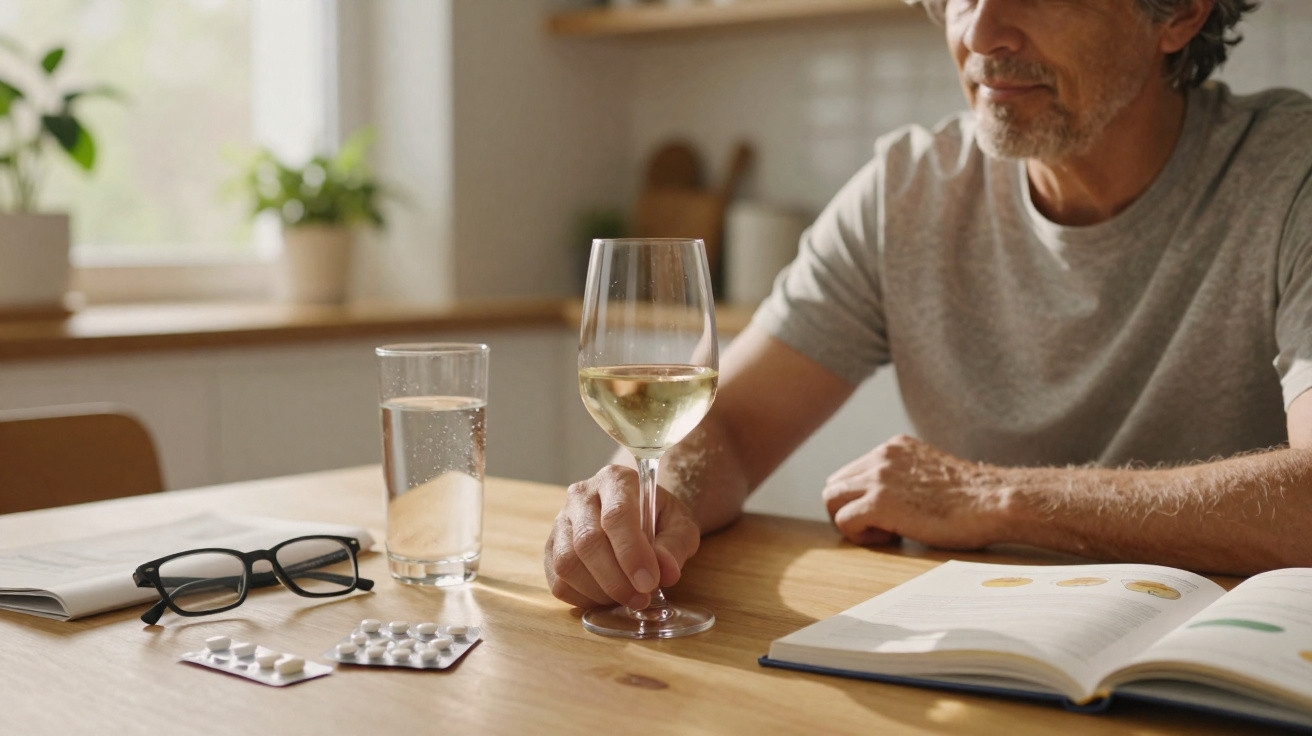 Homem sentado à mesa com medicamento, copo d'água, taça de vinho e livro aberto em ambiente iluminado.
