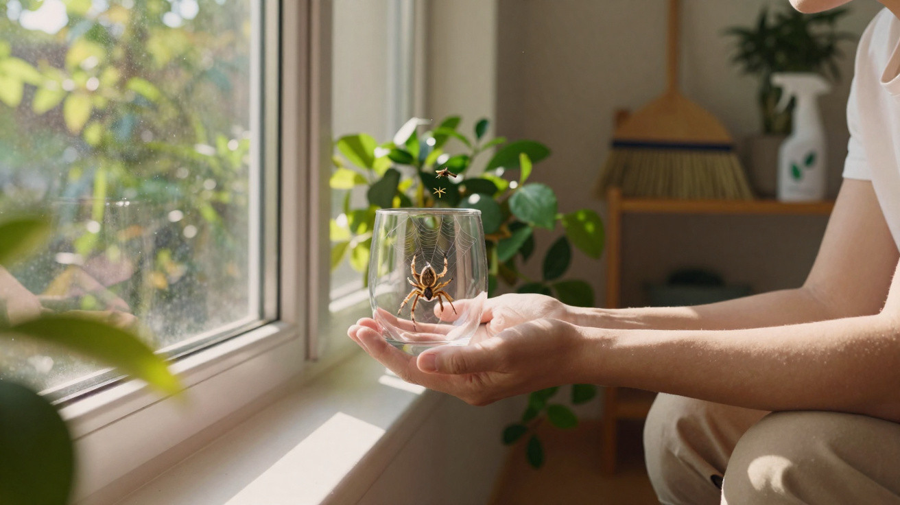 Pessoa segurando copo de vidro com aranha presa dentro perto de janela ensolarada com plantas ao fundo.