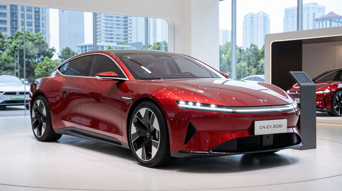 Carro elétrico esportivo vermelho exibido em showroom moderno com vidros e prédios ao fundo.