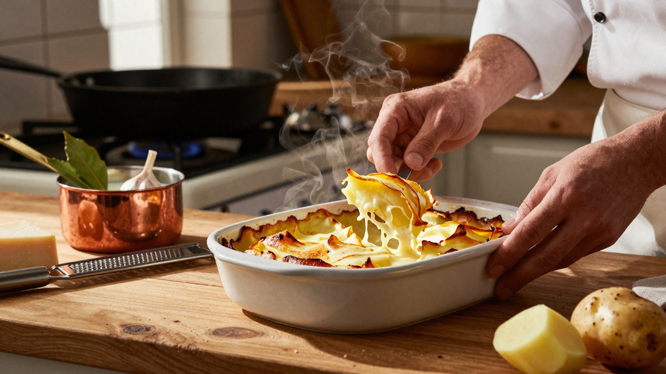 Mãos retirando porção de batata gratinada quente e cremosa em travessa branca sobre bancada de madeira.
