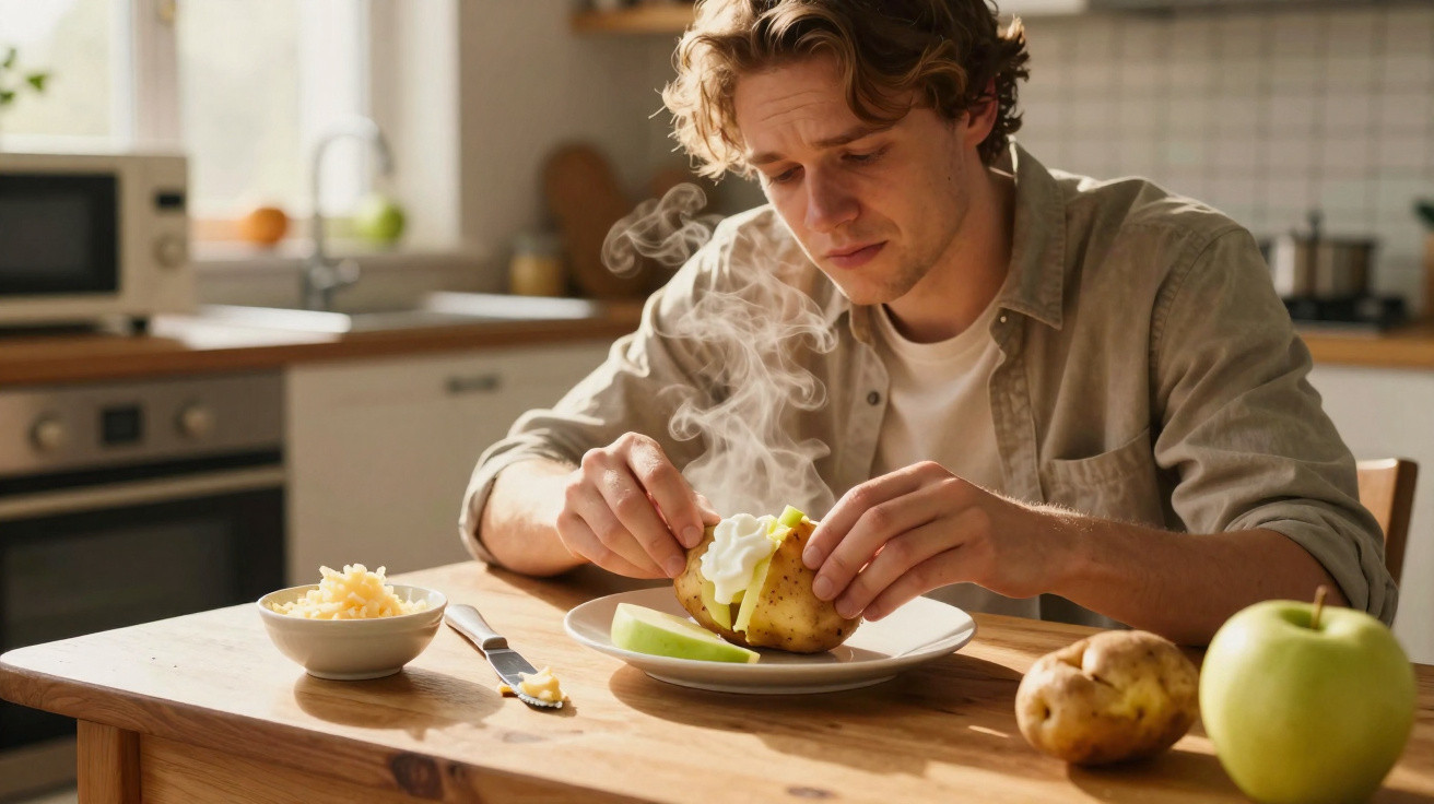 Homem colocando creme em batata assada quente na cozinha, com maçã e queijo ao lado.