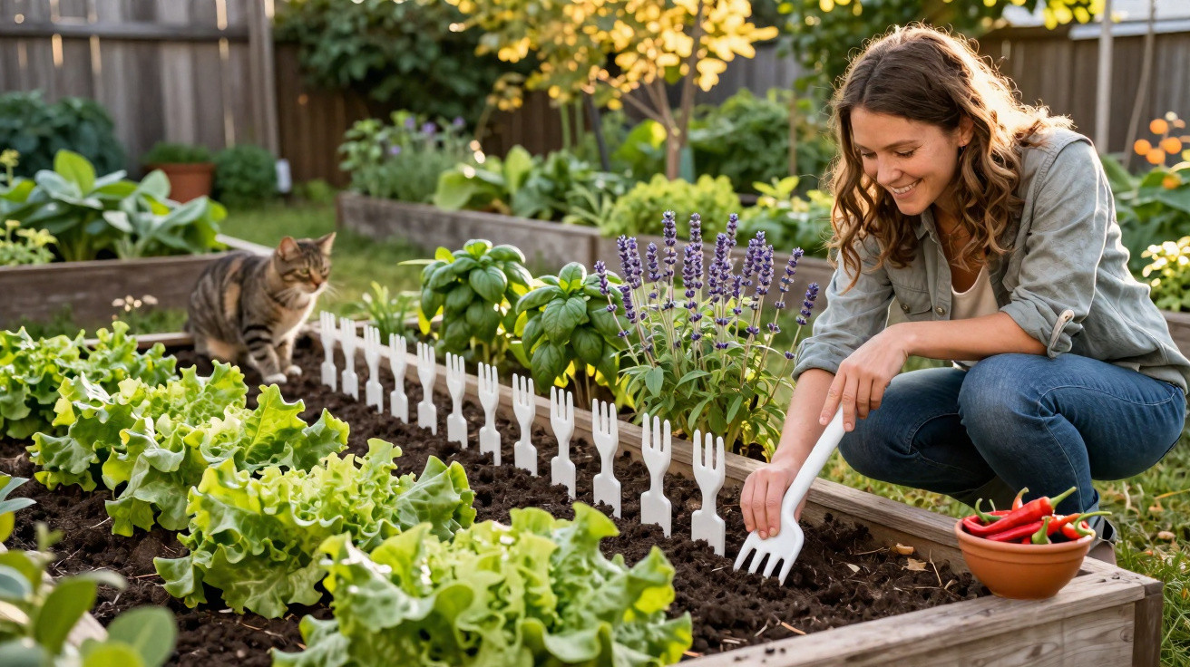 Mulher cuidando de jardim elevado com plantas, cercado por garfos de plástico, com gato ao fundo.