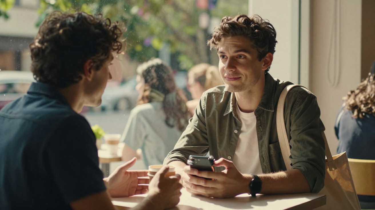 Dois homens conversando sentados em mesa de cafeteria com luz natural entrando pela janela.