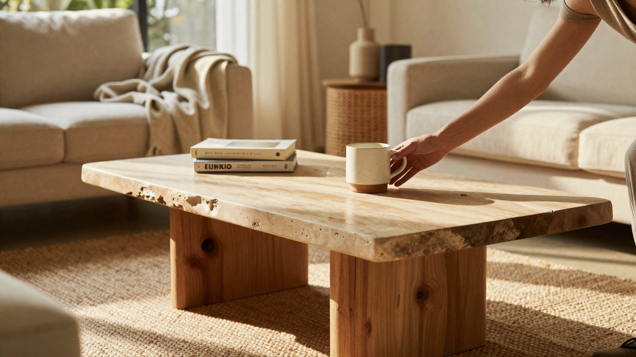 Mesa de centro de madeira natural com livros e mão segurando caneca em sala com sofá e tapete.