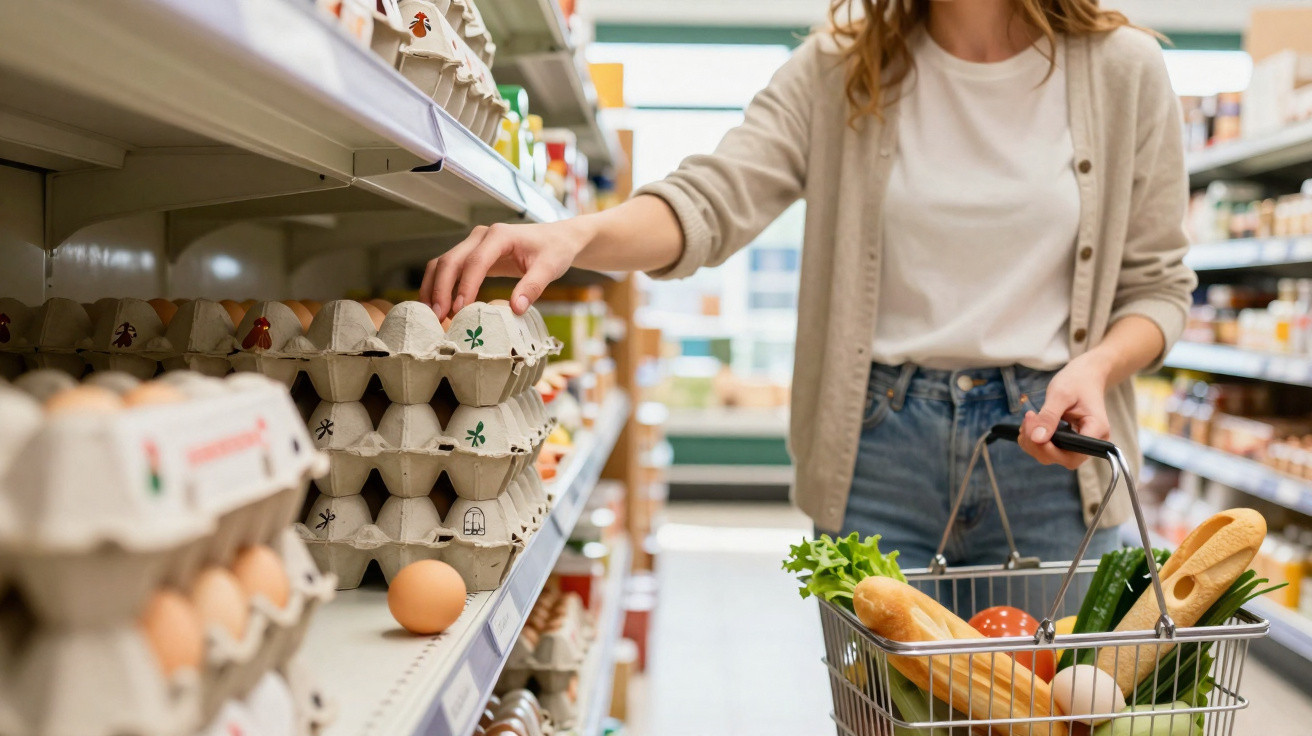 Mulher com cesta faz compras no supermercado, pegando caixa de ovos na prateleira.