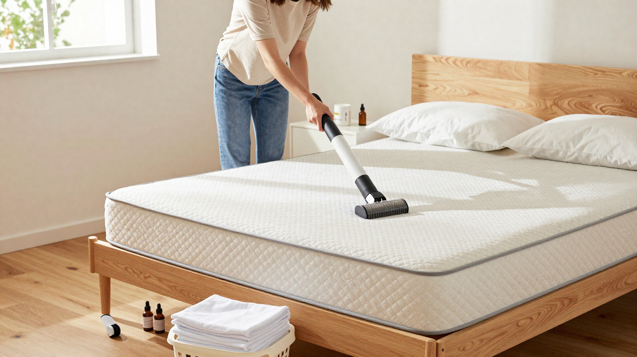 Pessoa aspirando colchão branco em quarto iluminado com cama de madeira e roupa de cama branca.