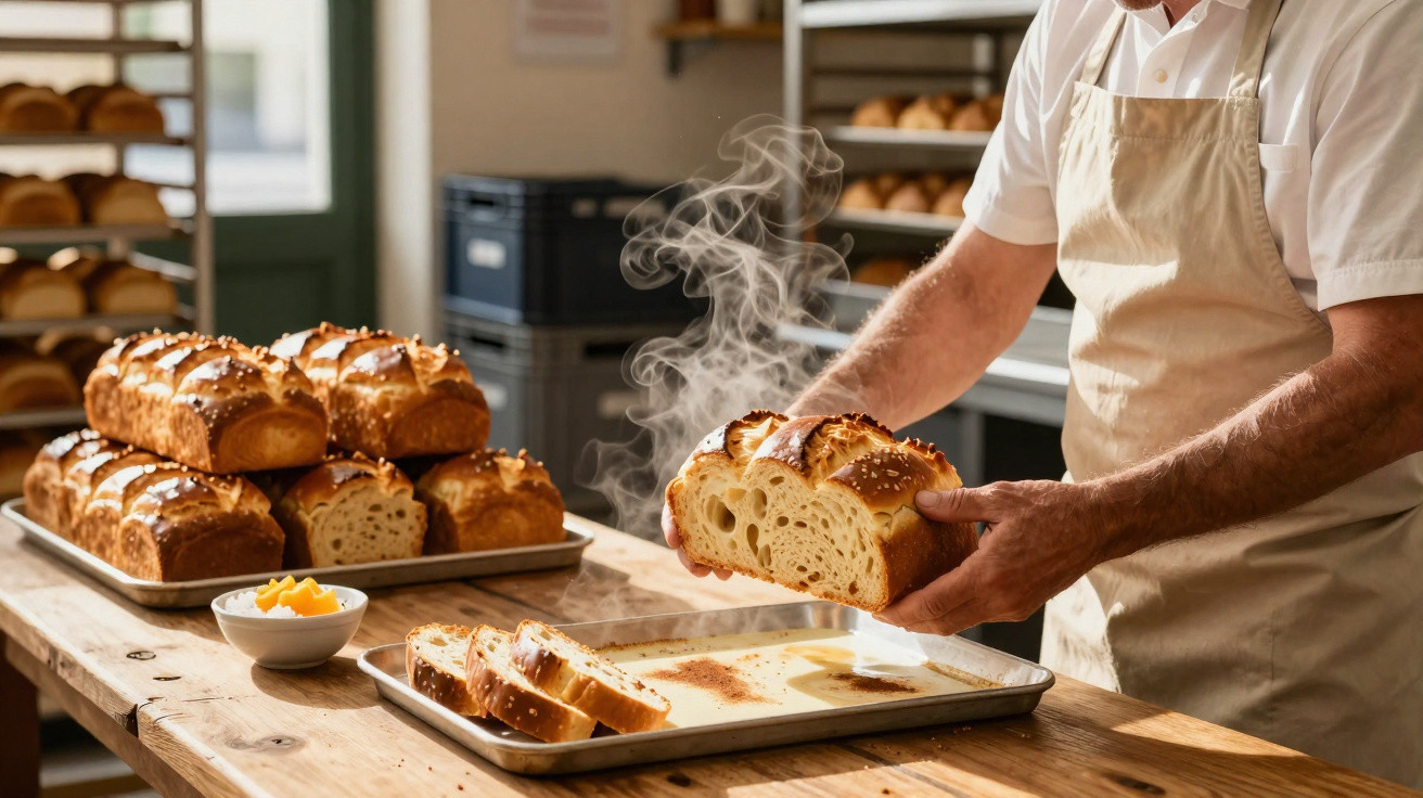 Padeiro segurando pão quente recém-saído do forno em padaria artesanal com várias fornadas ao fundo.