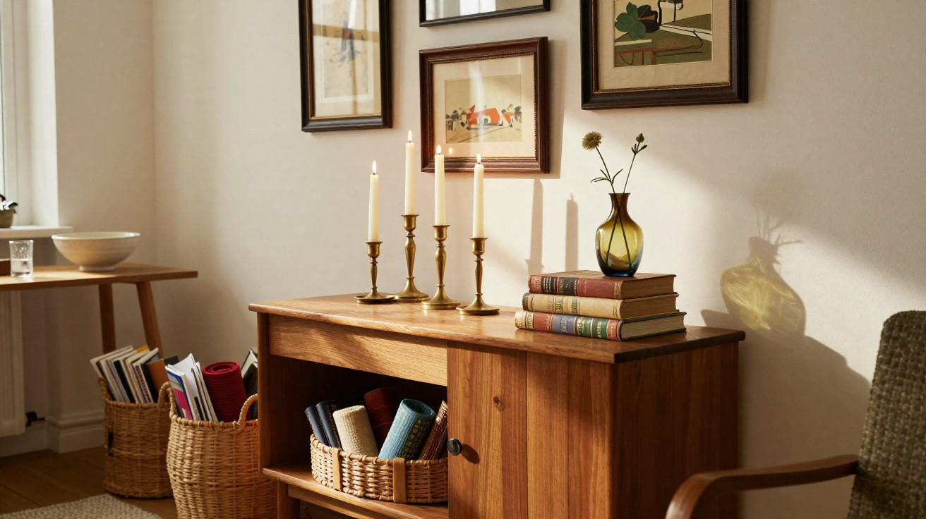 Aparador de madeira com velas, livros e vaso, ao lado de cestas e parede com quadros em sala iluminada.