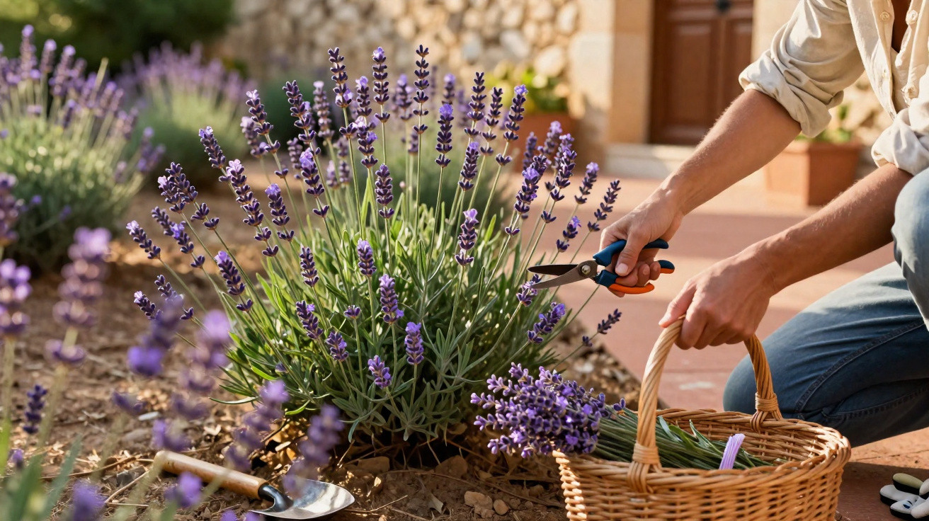 Pessoa colhendo flores de lavanda em jardim com tesoura de poda e cesta de vime.