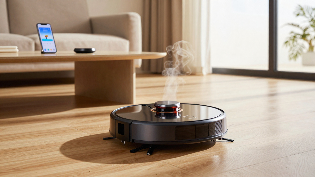 Aspirador robô emitindo vapor em piso de madeira em sala com sofá e mesa de centro ao fundo.