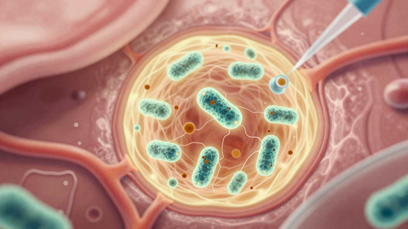 Ilustração de bactérias dentro de uma célula com instrumento médico próximo, em ambiente biológico microscópico.