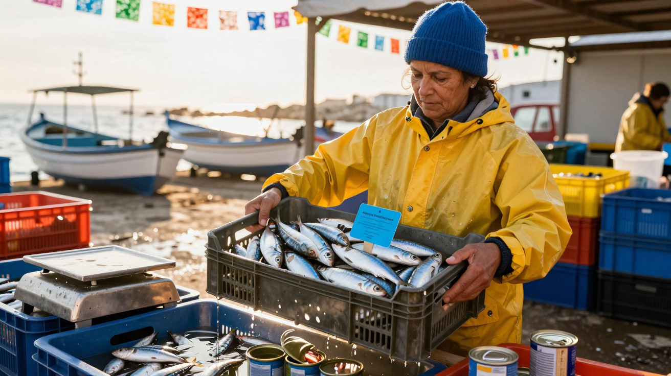Mulher com jaqueta amarela e touca azul segura caixa com peixes em mercado de pescados ao ar livre.