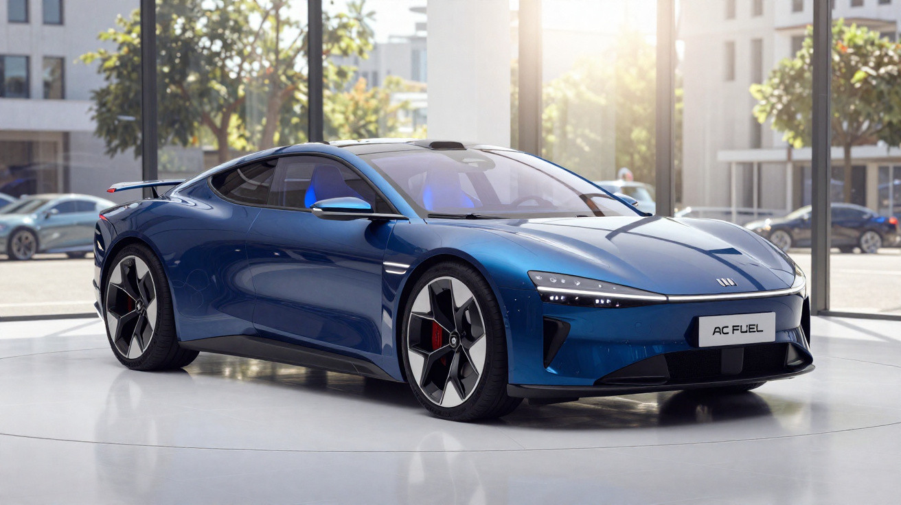Carro esportivo elétrico azul estacionado em ambiente interno com janelas grandes e luz natural.