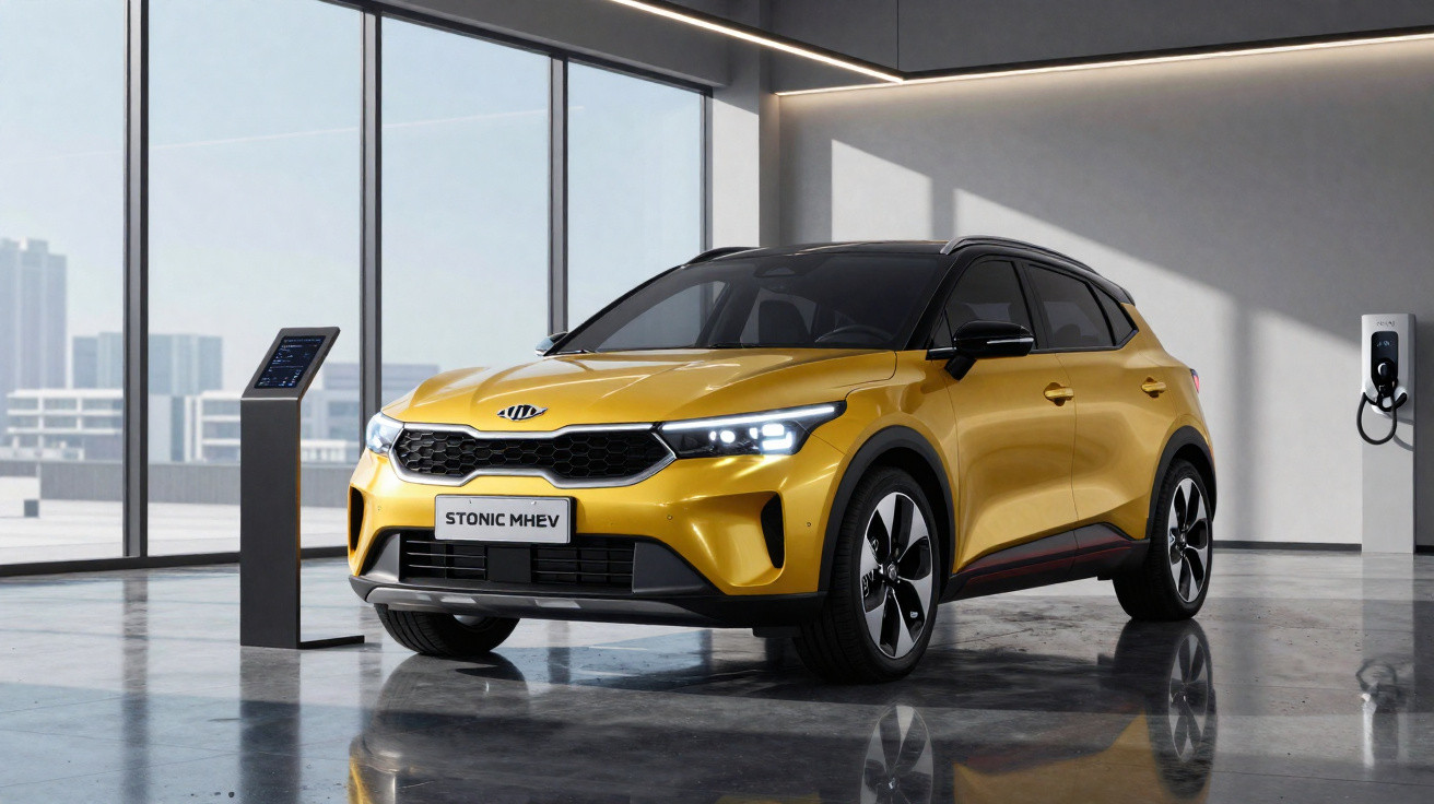 Carro SUV compacto amarelo Kia Stonic MHEV estacionado em ambiente moderno com piso reflexivo e carregador elétrico.