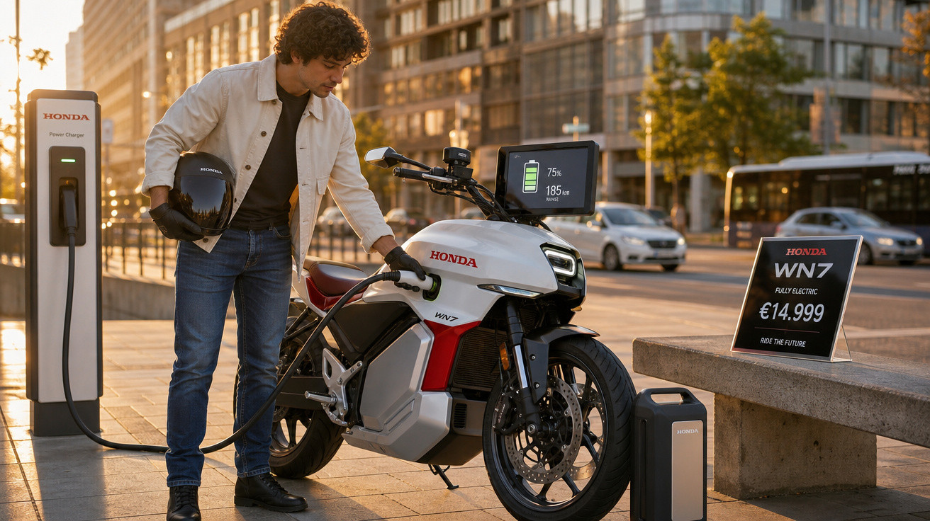 Homem conecta moto elétrica Honda WN7 em estação de recarga urbana ao pôr do sol.