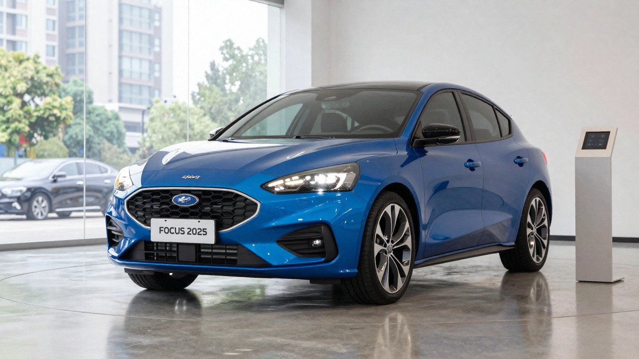 Carro azul Ford Focus 2025 exposto em showroom moderno com piso de cimento polido.