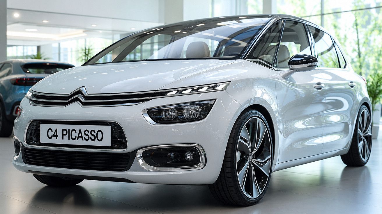 Carro branco Citroën C4 Picasso exibido em showroom com design moderno e faróis duplos.