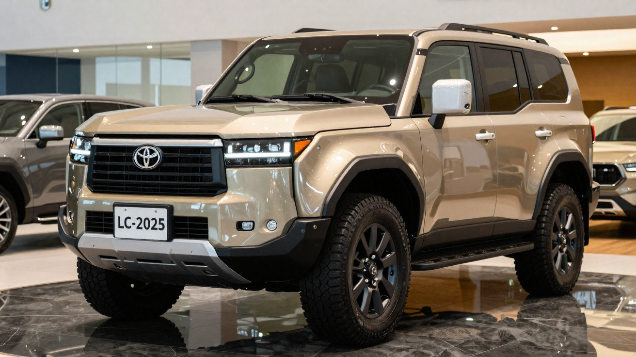 SUV Toyota Land Cruiser moderno bege exibido em showroom com piso de mármore.