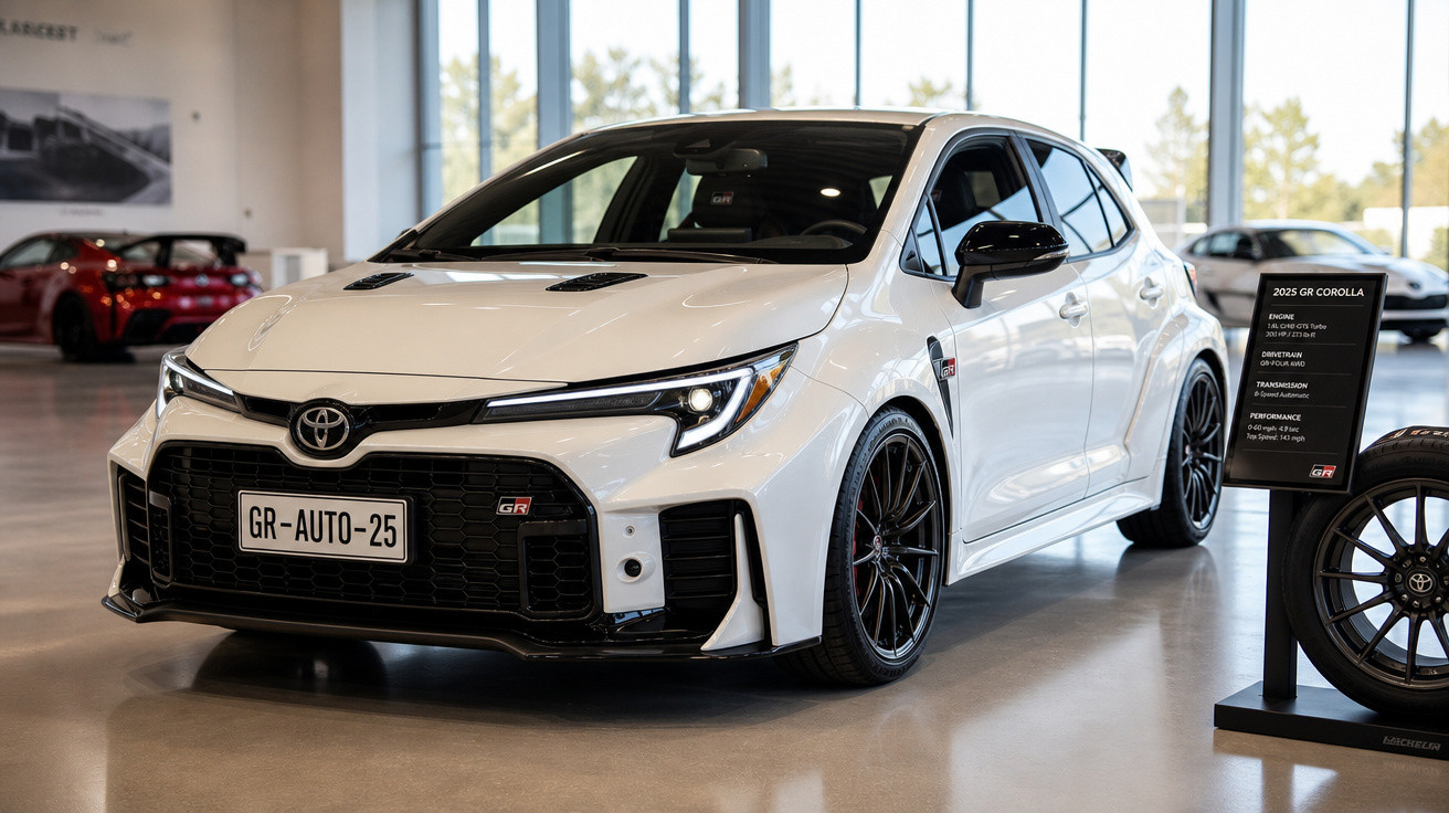 Carro esportivo branco Toyota GR Corolla em exposição interna com placa GR-AUTO-25 e roda sob medida.