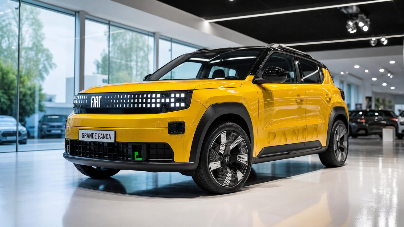 Carro Fiat Grande Panda amarelo exposto em showroom moderno com teto preto e rodas estilizadas.