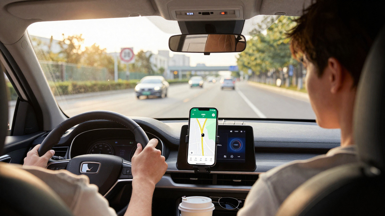 Motorista e passageiro em carro com GPS no celular e copo de café no porta-copos, em estrada ao entardecer.