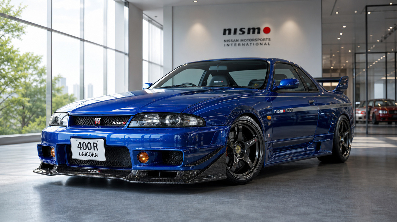 Carro esportivo azul Nissan Skyline GT-R R33 Nismo 400R em exibição interna na Nissan Motorsports International.