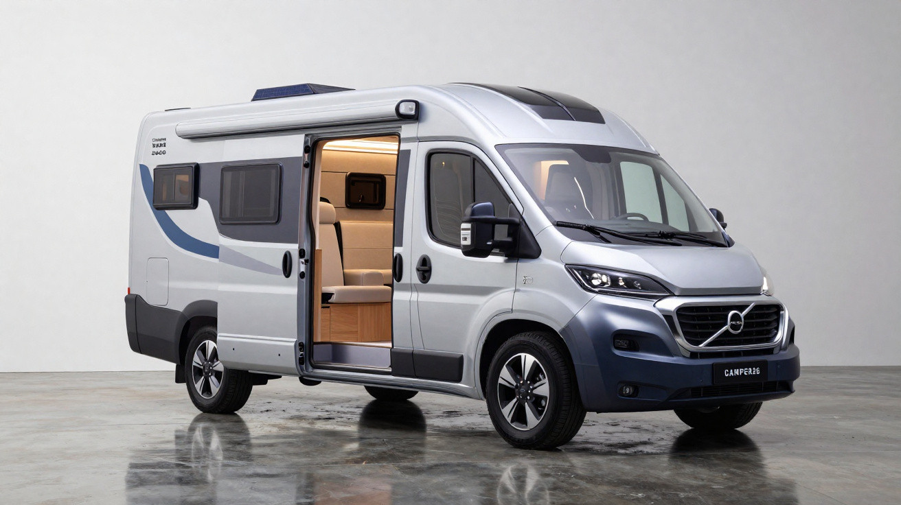 Motorhome prata com porta lateral aberta mostrando interior iluminado em ambiente fechado.